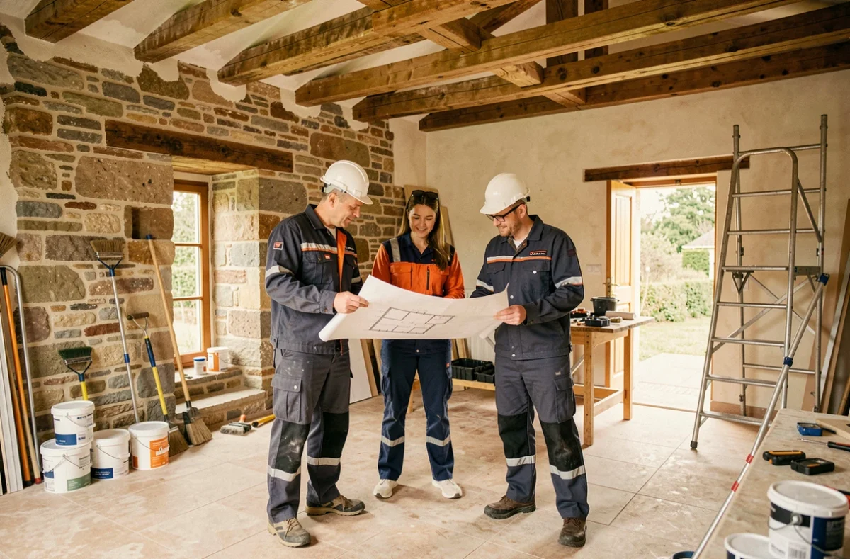 Équipe de rénovation professionnelle en Maine-et-Loire discutant de plans devant une maison en pierre en cours de rénovation