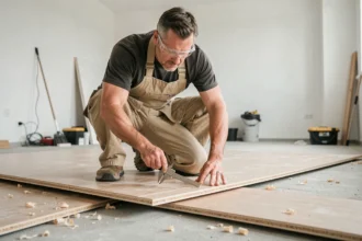 Menuisier mesurant l'épaisseur d'un panneau de plancher en aggloméré avec un pied à coulisse dans un chantier de rénovation