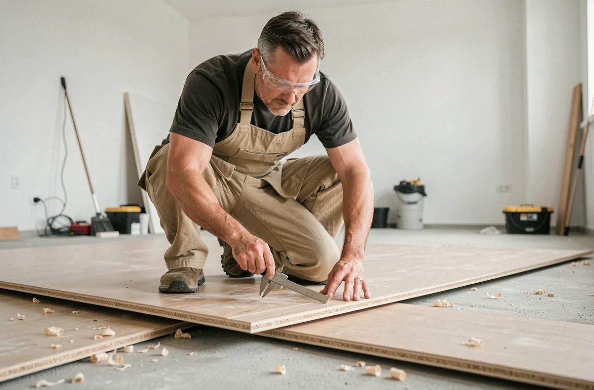 Menuisier mesurant l'épaisseur d'un panneau de plancher en aggloméré avec un pied à coulisse dans un chantier de rénovation