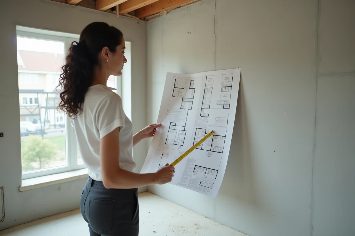 Femme mesurant une chambre vide en construction pour vérifier la conformité avec le plan de maison standard