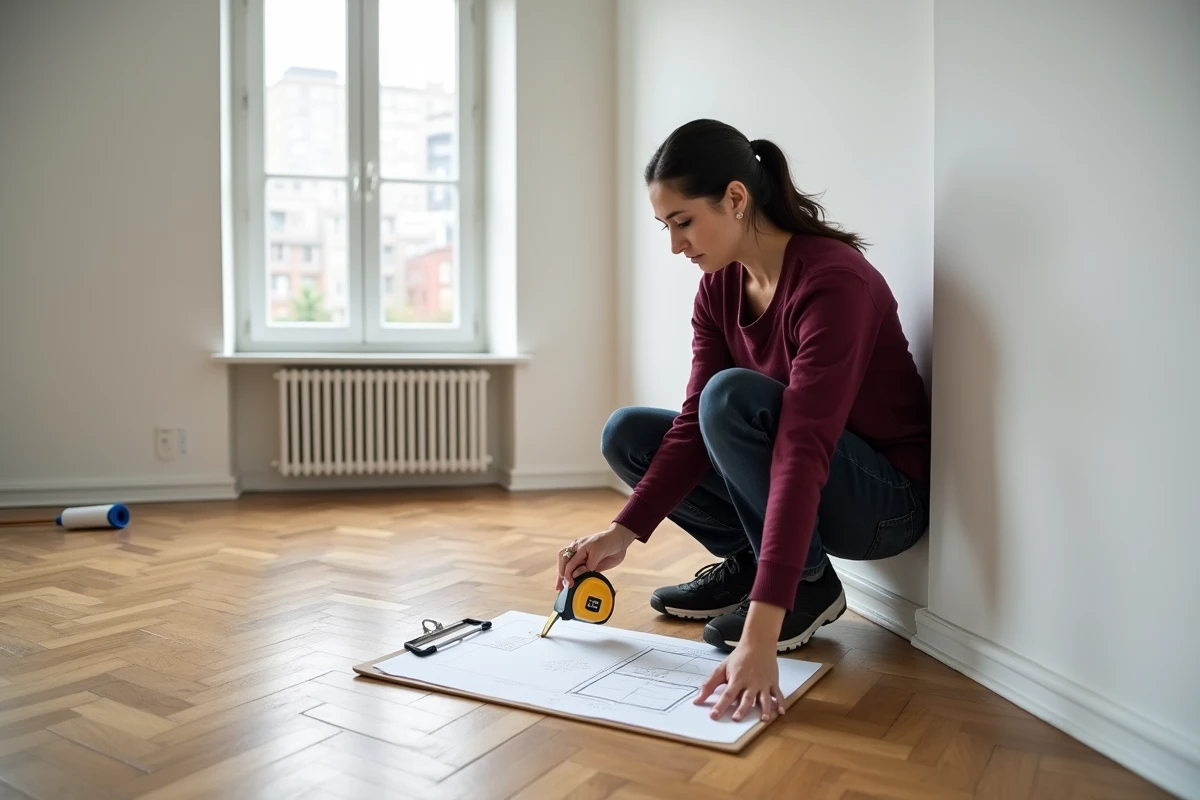 Femme mesurant la surface d'une pièce vide avec un télémètre et un croquis à la main sur un plancher en parquet