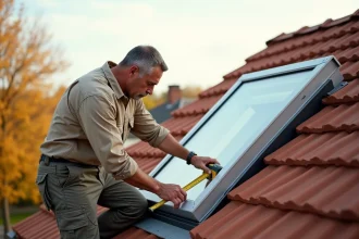 Charpentier mesurant un cadre de fenêtre de toit VELUX sur une toiture en tuiles avec un mètre ruban, vue en plongée légère