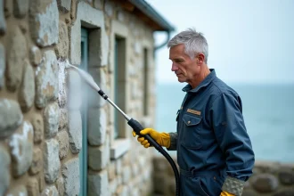Professionnel du nettoyage de façade au karcher sur une maison en bord de mer avec dépôts de sel et algues visibles