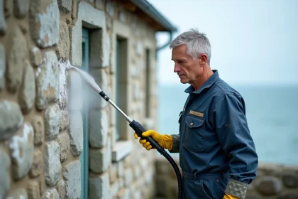 Professionnel du nettoyage de façade au karcher sur une maison en bord de mer avec dépôts de sel et algues visibles