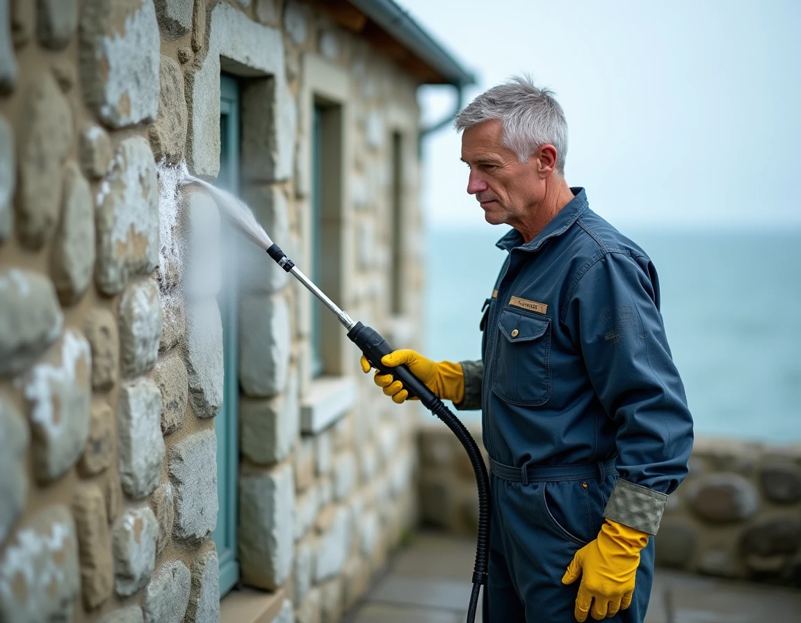 Professionnel du nettoyage de façade au karcher sur une maison en bord de mer avec dépôts de sel et algues visibles
