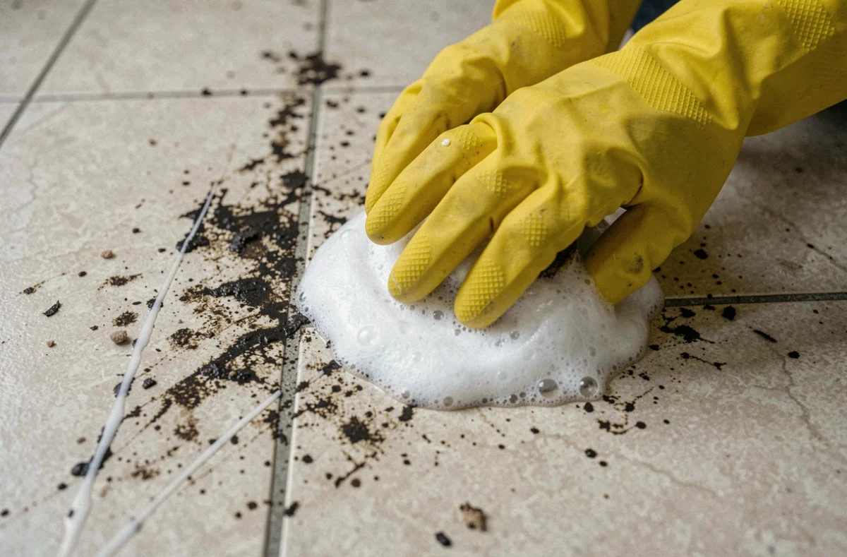 Gros plan de mains gantées appliquant un mélange de bicarbonate et de vinaigre blanc sur un lino encrassé avec une éponge