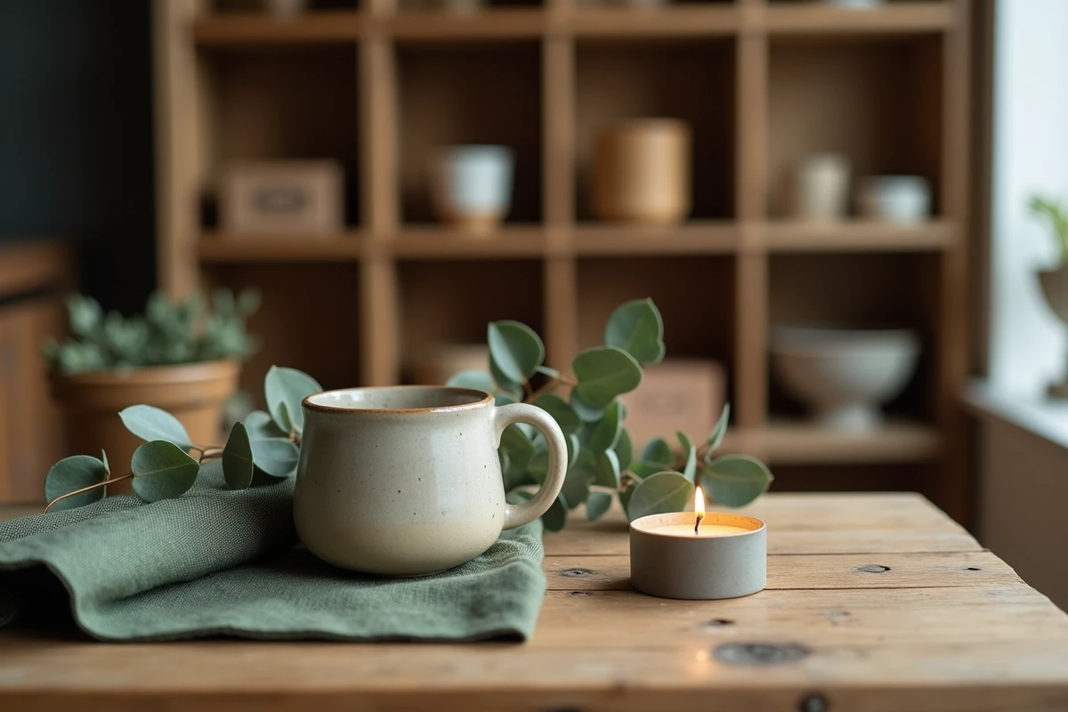 Flat-lay d'objets artisanaux de la boutique Maison Aimable : mug en grès, bougie en cire d'abeille et linge de table en lin