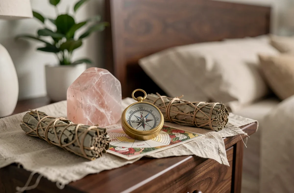 Objets symboliques du Feng Shui posés sur une table de chevet en bois pour corriger l'énergie d'une chambre à coucher