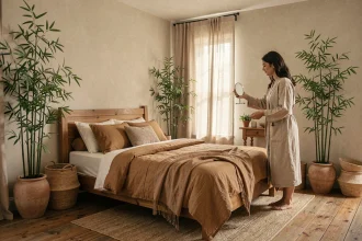 Femme corrigeant l'orientation d'un lit selon les principes du Feng Shui dans une chambre zen décorée de plantes et de textiles naturels