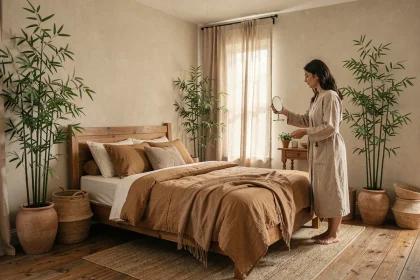 Femme corrigeant l'orientation d'un lit selon les principes du Feng Shui dans une chambre zen décorée de plantes et de textiles naturels