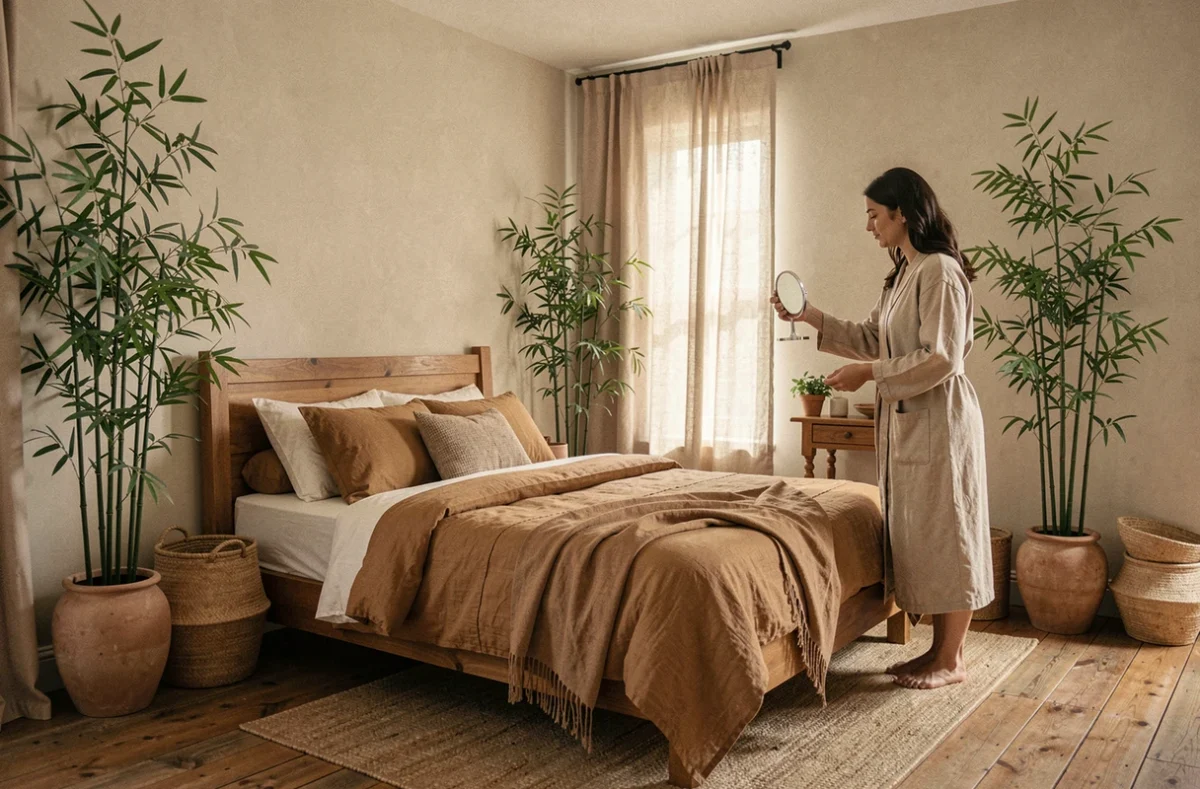 Femme corrigeant l'orientation d'un lit selon les principes du Feng Shui dans une chambre zen décorée de plantes et de textiles naturels