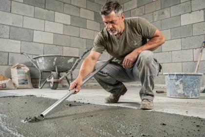 Ouvrier appliquant une chape maigre sur une dalle béton brut avec une règle d'aluminium dans un chantier intérieur