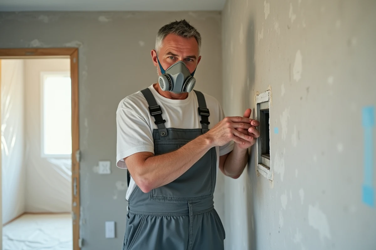 Ouvrier en travaux posant un systeme de ventilation moderne