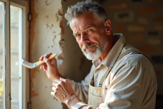 Homme appliquant de la peinture blanche sur une boiserie en bois avec un pinceau, erreurs courantes à éviter pour protéger le bois