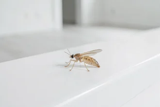 Gros plan macro d'un petit insecte transparent sur une plinthe blanche dans un logement neuf