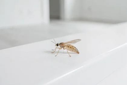 Gros plan macro d'un petit insecte transparent sur une plinthe blanche dans un logement neuf