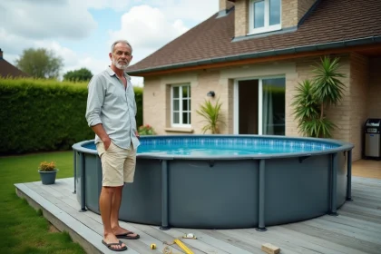 Propriétaire à côté d'une piscine hors sol de plus de 10m2 dans un jardin pavillonnaire français