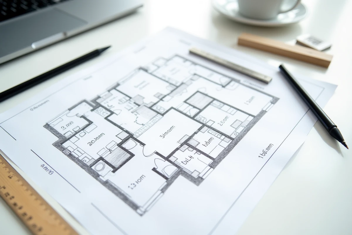 Plan de maison annoté avec dimensions de chambre standard, règle et stylo sur bureau de travail minimaliste