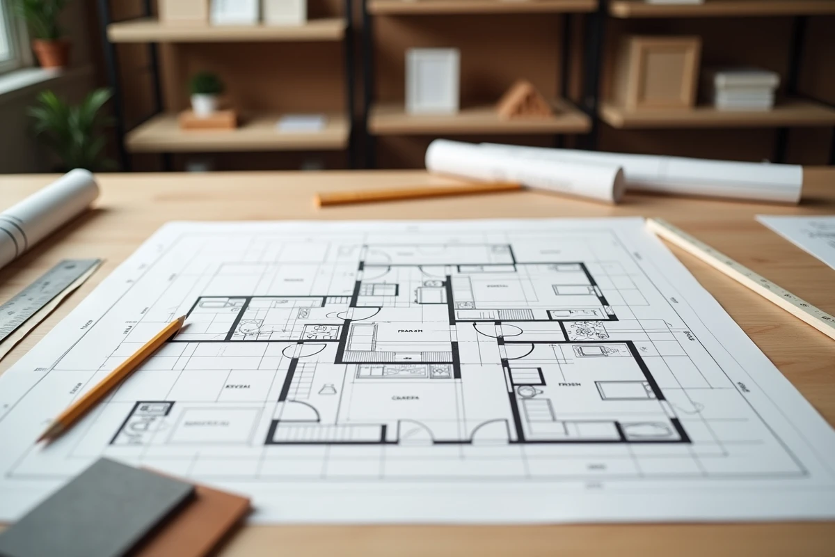 Plan de masse maison plain-pied 4 chambres dessiné sur table architecte tendance 2026