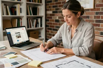 Femme planifiant sa rénovation d'appartement avec un planning travaux PDF imprimé sur un bureau en bois