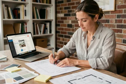 Femme planifiant sa rénovation d'appartement avec un planning travaux PDF imprimé sur un bureau en bois