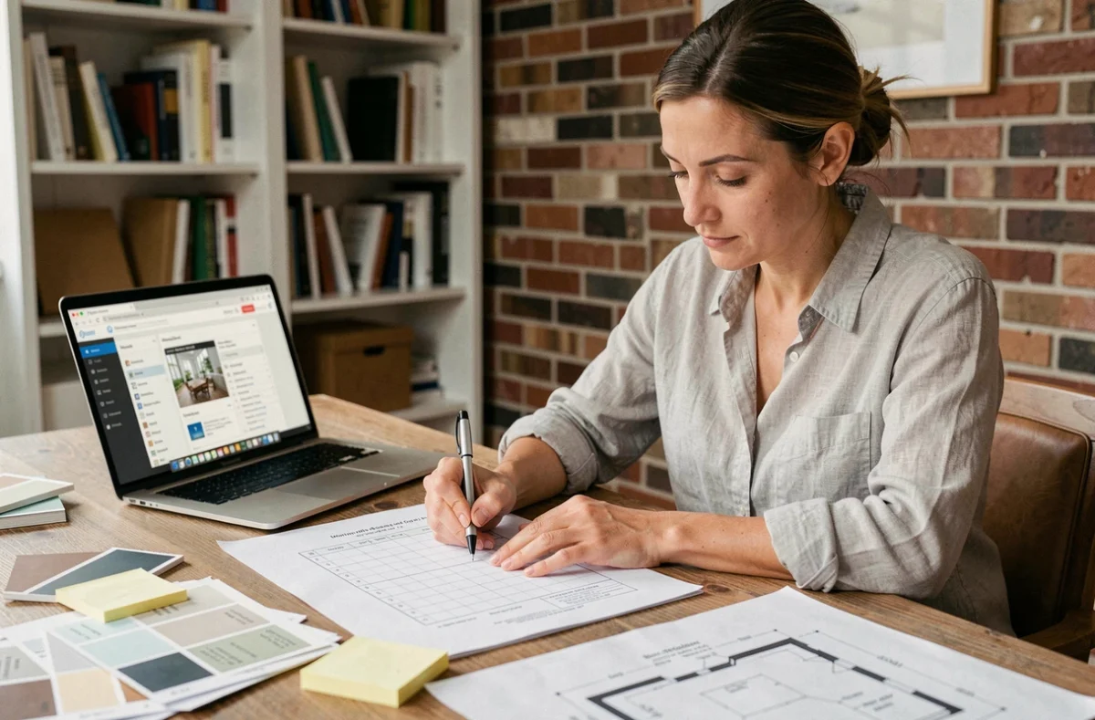 Femme planifiant sa rénovation d'appartement avec un planning travaux PDF imprimé sur un bureau en bois