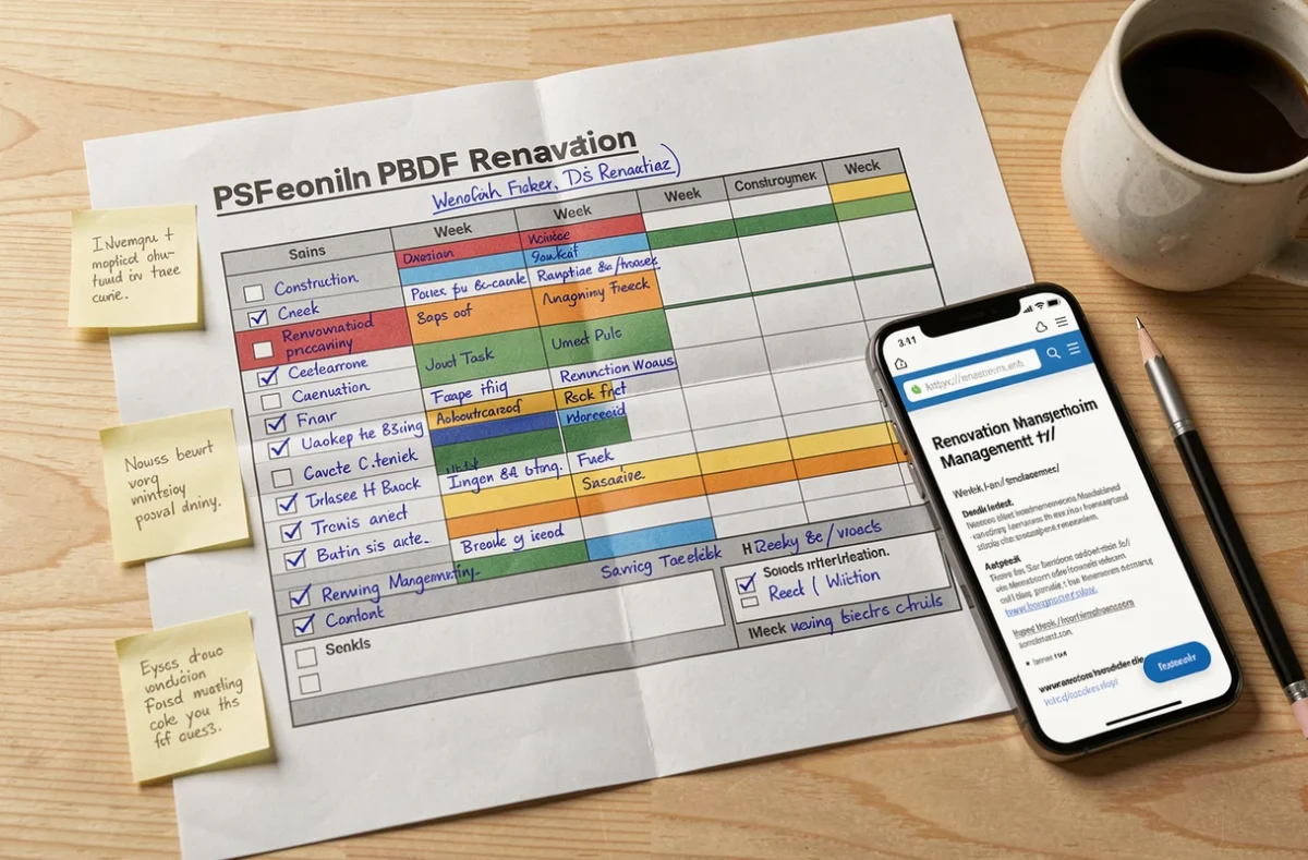 Planning travaux PDF de rénovation appartement annoté à la main posé sur une table en bois