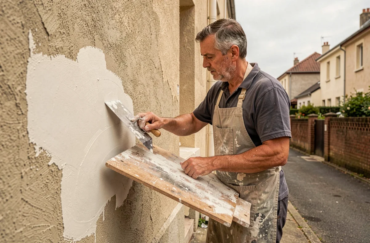 Artisan plâtrier Gomes appliquant un enduit de ravalement à la taloche sur une façade résidentielle en Seine-Saint-Denis