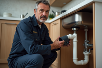 Plombier homme en bleu sous évier cuisine moderne