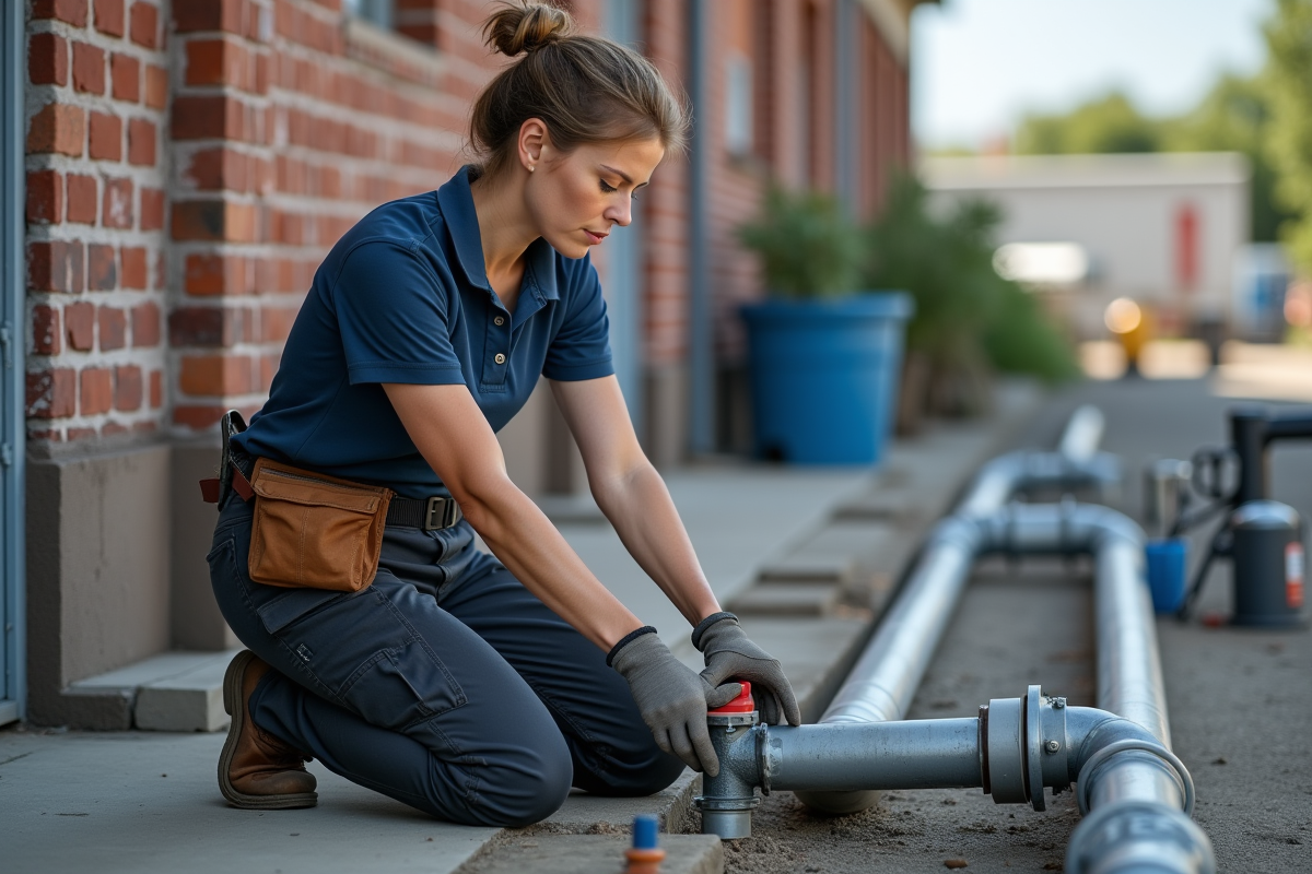 Plombière inspectant une fuite de tuyau extérieur
