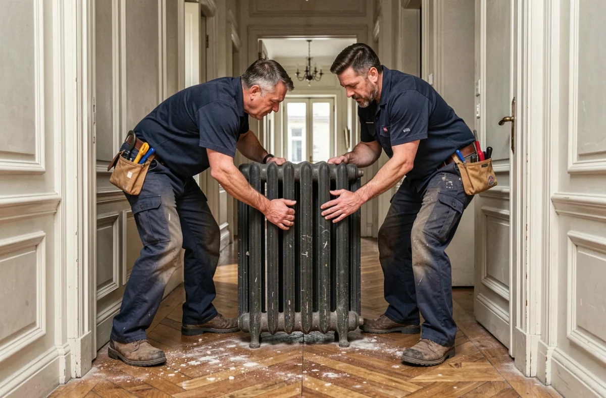 Deux plombiers transportant un lourd radiateur en fonte dans un couloir d'appartement haussmannien, illustrant le défi lié au poids de ce type de radiateur