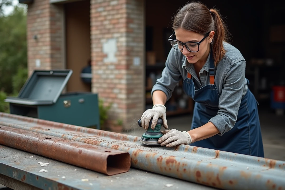 Femme ponçant un tube carré en fer rouillé avant peinture dans une allée de garage