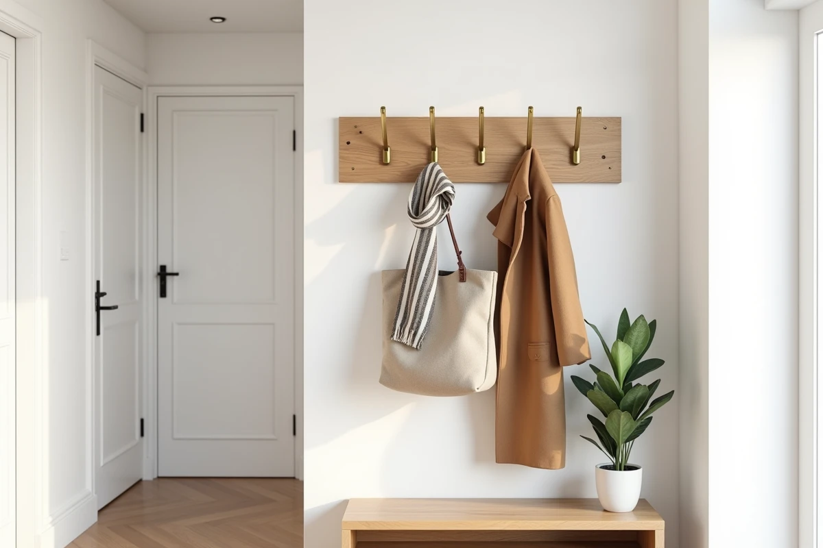 Porte-manteau mural moderne en bois de chêne avec crochets en laiton brossé dans une entrée minimaliste bien rangée