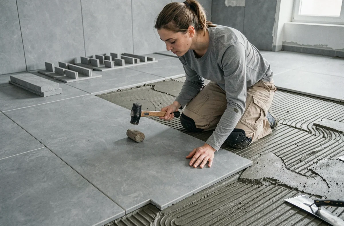 Carreleur posant du carrelage sur une chape maigre fraîche lors d'une rénovation de salle de bain
