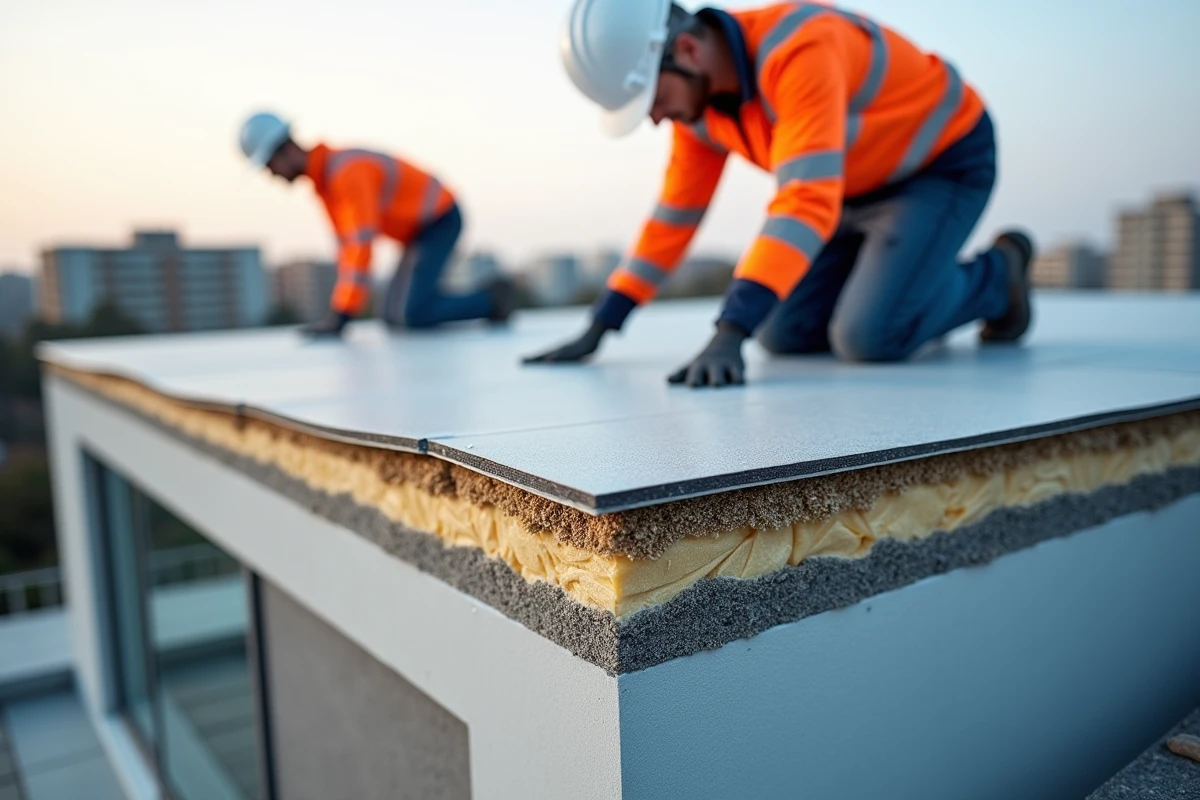 Ouvriers posant une isolation thermique multicouche sur une toiture plate lors de travaux de rénovation énergétique