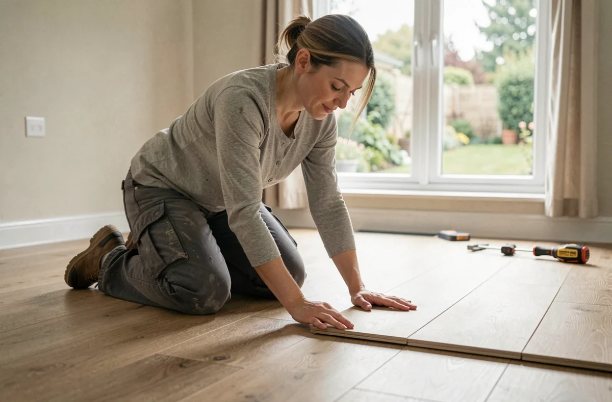 Femme posant un plancher en aggloméré stratifié dans un salon moderne lors de travaux de rénovation intérieure