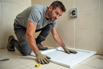 Professionnel posant un receveur de douche extra plat sur un carrelage existant en salle de bain en cours de rénovation
