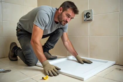 Professionnel posant un receveur de douche extra plat sur un carrelage existant en salle de bain en cours de rénovation