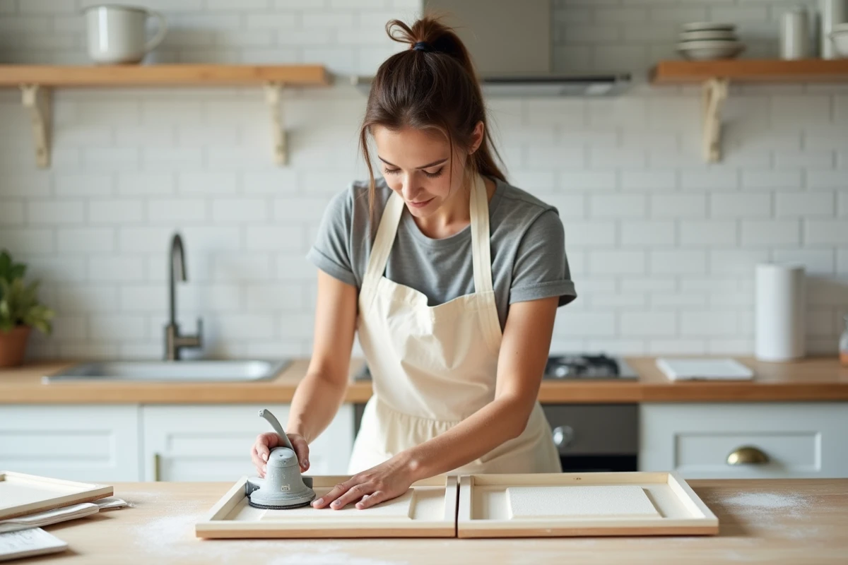 Femme ponçant une boiserie en bois avant application de peinture blanche, étape de préparation essentielle pour éviter les erreurs