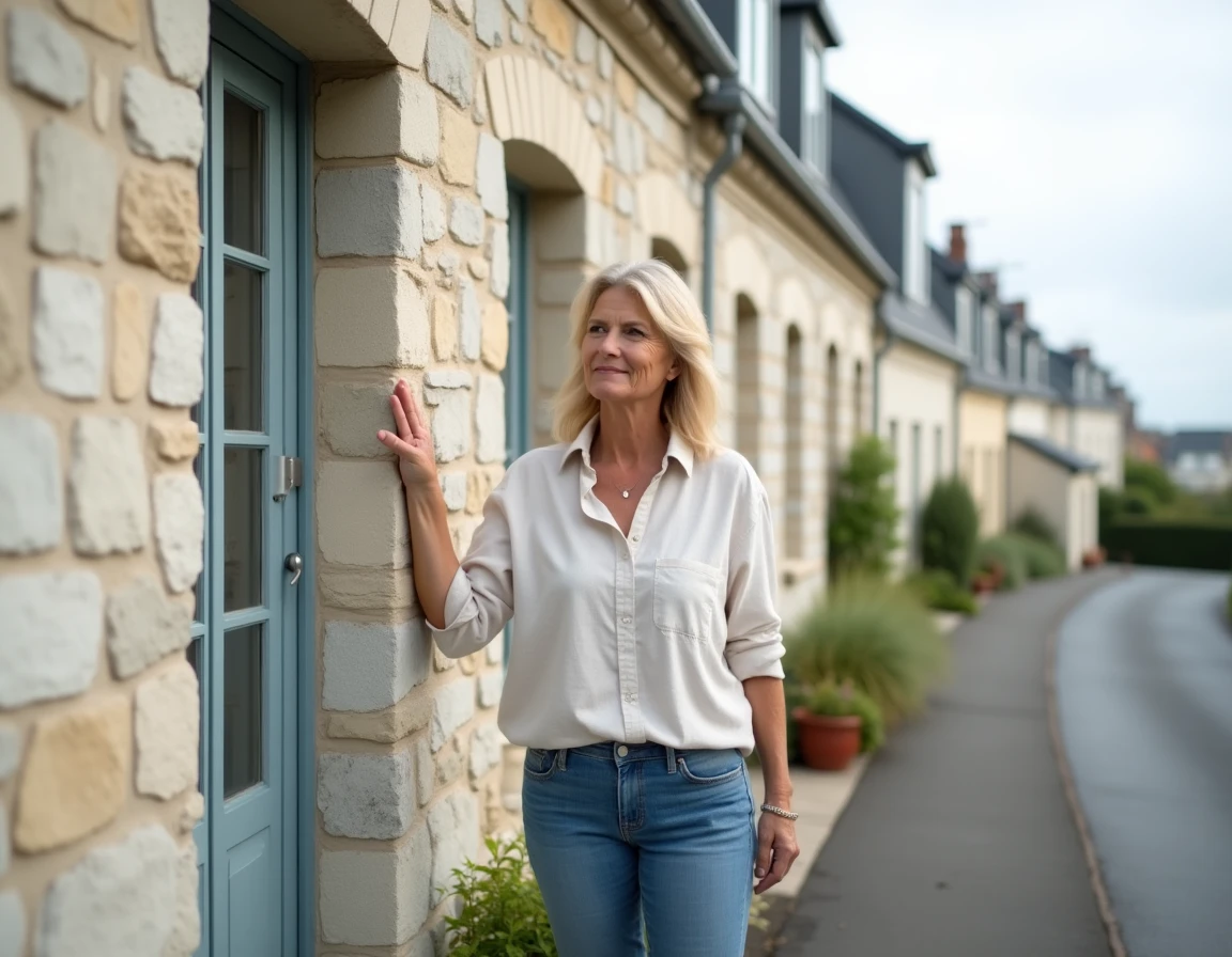 Propriétaire inspectant la façade nettoyée de sa maison en bord de mer avec résultat avant-après visible