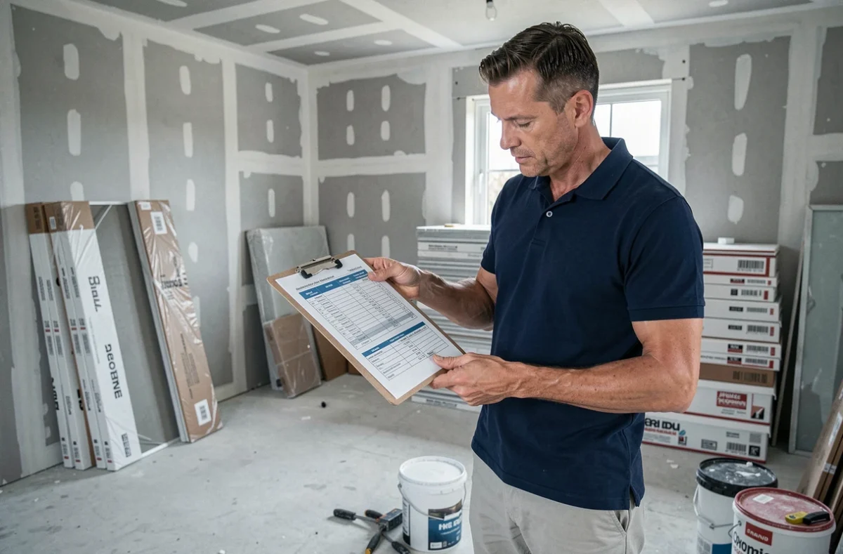 Propriétaire consultant un planning de rénovation PDF dans un appartement en cours de travaux
