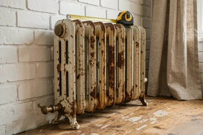 Radiateur en fonte ancien avec patine et rouille contre un mur de briques blanches, montrant le poids et la densité caractéristiques de ce matériau