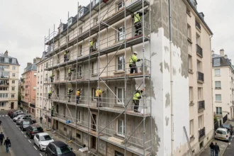Chantier de ravalement de façade sur un immeuble résidentiel en Seine-Saint-Denis avec échafaudage et équipe professionnelle