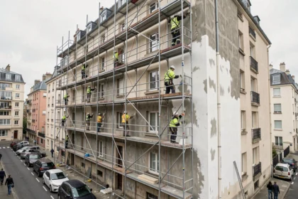 Chantier de ravalement de façade sur un immeuble résidentiel en Seine-Saint-Denis avec échafaudage et équipe professionnelle