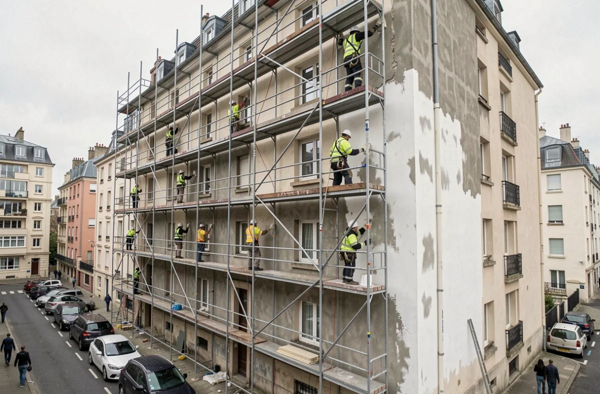 Chantier de ravalement de façade sur un immeuble résidentiel en Seine-Saint-Denis avec échafaudage et équipe professionnelle