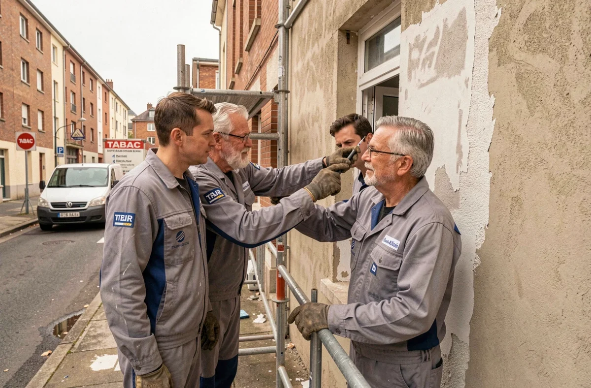Équipe locale RBS Ravalement Bâtiment Service inspectant un chantier de façade dans le 93