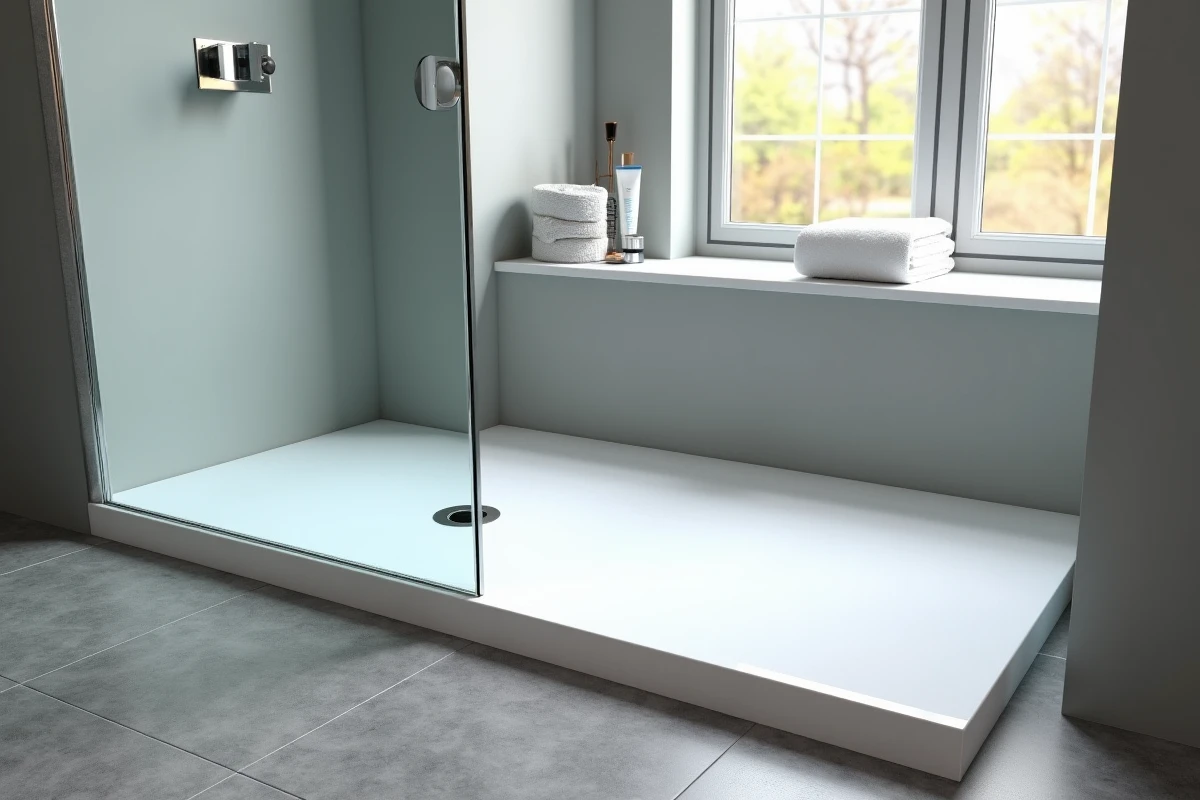 Vue d'ensemble d'un receveur de douche extra plat installé de niveau avec le carrelage existant dans une salle de bain moderne rénovée