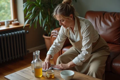 Femme rénovant un canapé en cuir usé avec des produits ménagers naturels comme alternative aux kits professionnels