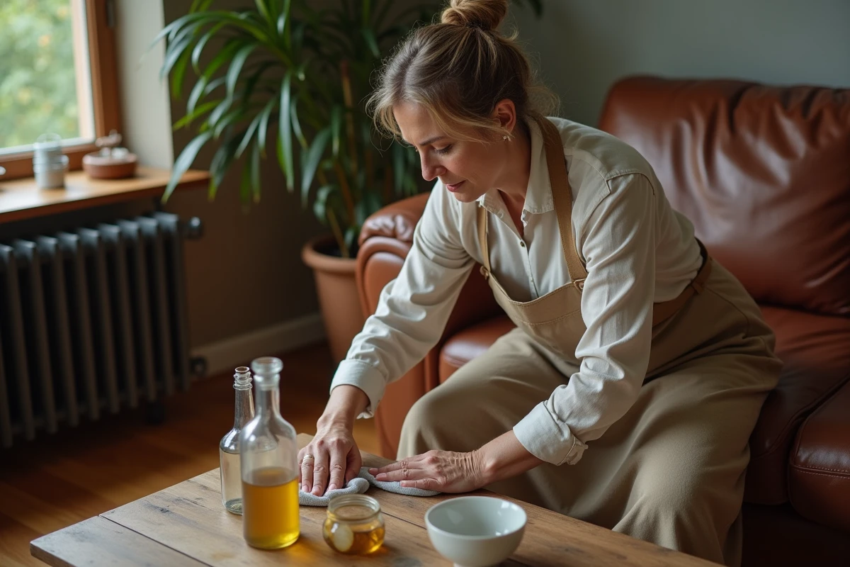 Femme rénovant un canapé en cuir usé avec des produits ménagers naturels comme alternative aux kits professionnels