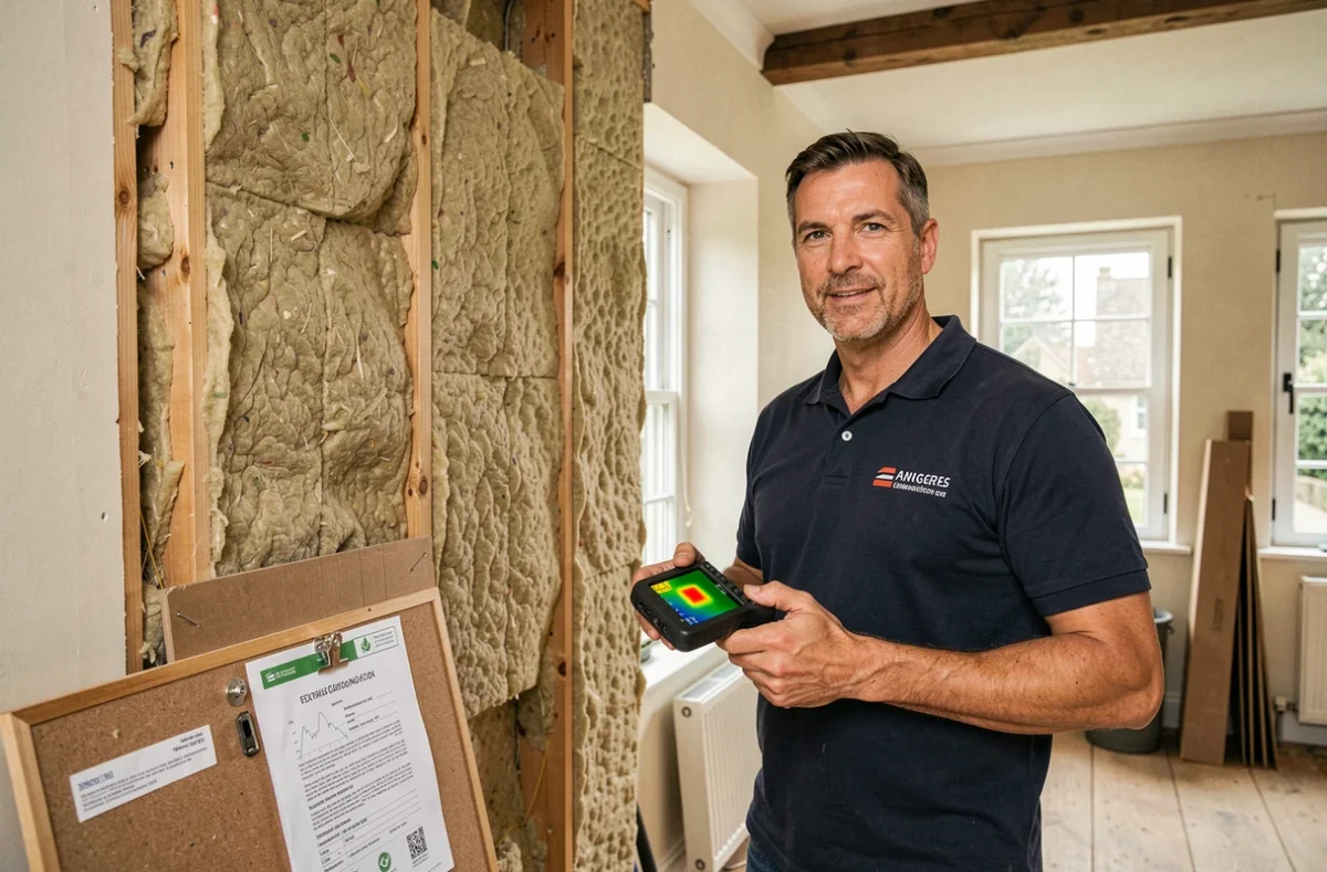 Consultant en rénovation écoénergétique inspecte une isolation intérieure dans une maison de ville d'Angers